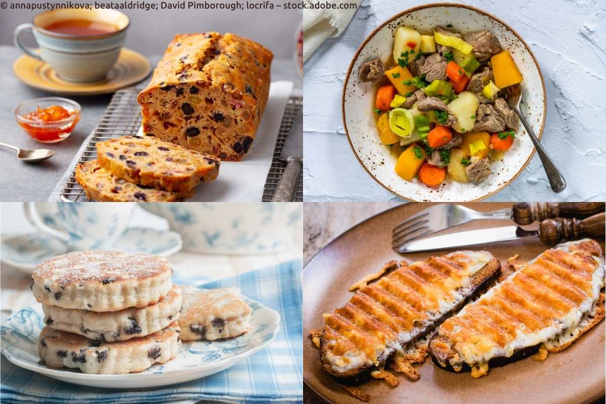 Früchtebrot „Bara Brith“, Eintopf „Cawl“, „Welsh Cakes“, Käsetoast „Welsh Rarebit“